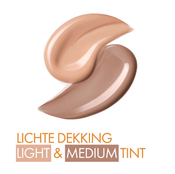 Twee streken getinte crème in lichte en medium tint, met daaronder de tekst “Lichte dekking – Light & Medium Tint”. De afbeelding toont de beschikbare kleurschakeringen van een getinte zonnecrème of BB-crème.